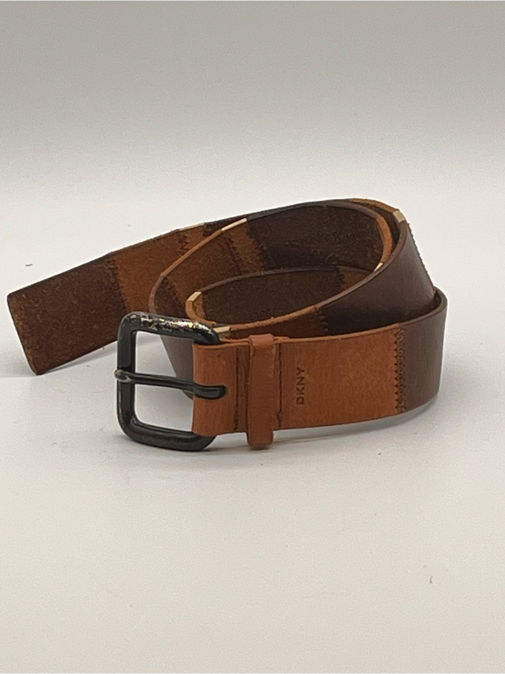 DKNY Patchwork Multicolor Brown Leather Belt Aged Metal Buckle Large 1.5 W Large